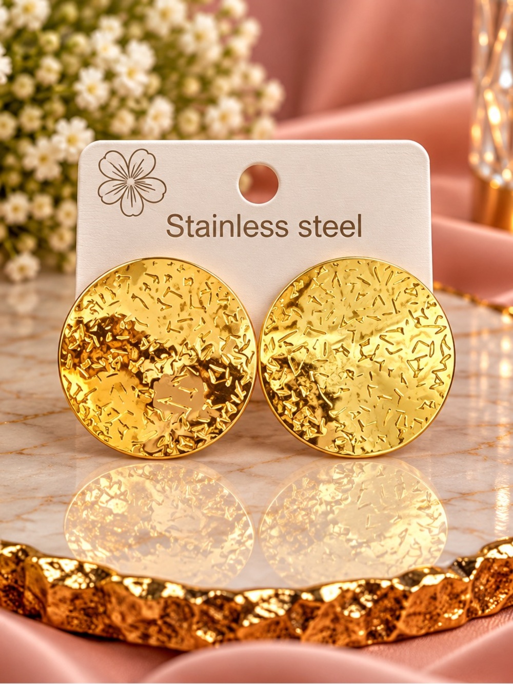Gold Textured Round Stainless Steel Earrings